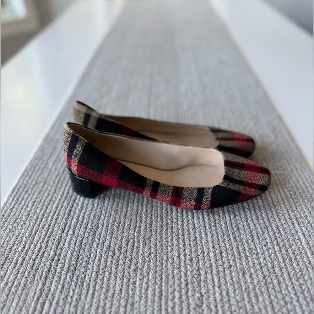 NINE WEST Red Black Plaid Square Toe Block Heel Ballet Flats Dress Shoes Sz 8 - Picture 3 of 8